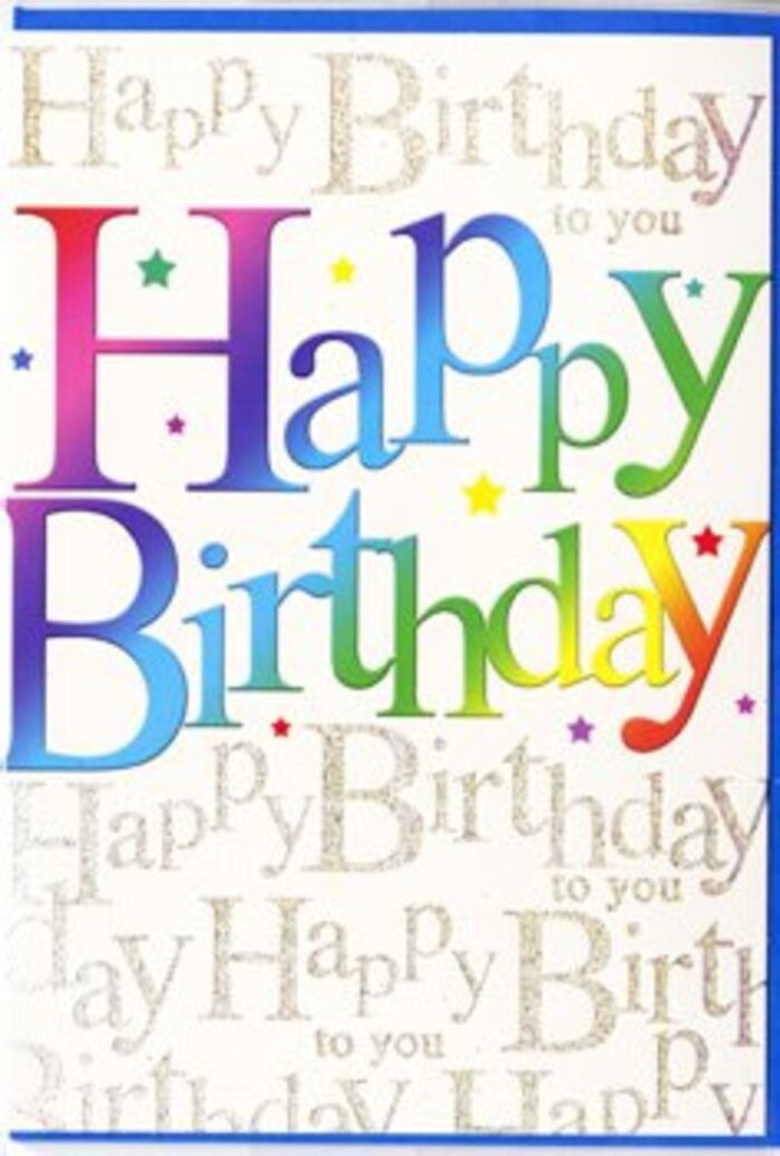 This eye-catching birthday card looks as if it was created to sit proudly beside a colourful vase of flowers in a Beddington lounge, its front bursting with upbeat energy. The central feature is the phrase Happy Birthday, written in generous, chunky letters that curve with a playful, almost hand-drawn feel. Each character is filled with a luxurious, well-blended gradient of colour, shifting smoothly from crimson and magenta into indigo, teal, and fresh grassy greens, then warming into amber and sunny yellow, much like a florist's rainbow bouquet lined up along a workbench at Beddington Flowers. The print has a subtle sheen that suggests a premium finish, so that when the card catches the daylight, the colours deepen and glow as though they're freshly painted. Behind these striking letters lies a softer, more intricate layer: lines of delicate calligraphy in metallic gold, continuously repeating the words Happy Birthday to you. The script sweeps across the background in gentle waves, reminiscent of the rhythm of greetings exchanged at a family gathering after a stroll through Beddington Park. Under certain angles, the gold ink seems to shimmer, offering a refined sparkle rather than bold glitter. Scattered across the design are tiny starbursts and confetti-like speckles, painted in subtle tones that echo the rainbow palette without distracting from the main message. The background itself remains light and neutral, providing a calm canvas that enhances the colour play and golden detail. Altogether, the card conveys both fun and thoughtfulness, ideal for pairing with a bright hand-tied bouquet delivered locally in Beddington to celebrate birthdays big and small, from children's parties to intimate dinners at home.