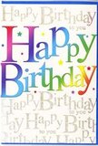 A sumptuous birthday card is shown front-on, glowing with the kind of joyful colour that would sit perfectly beside a celebratory bouquet in any Beddington home. Across the centre, the words Happy Birthday appear in wide, friendly letters, each one flowing seamlessly into the next through a rich rainbow gradient, from deep cherry red and plum into velvety purple, cobalt, sea-green, lime, and mellow gold. The finish appears glossy yet smooth, as if the letters were carefully lacquered, inviting the fingertips to trace their rounded edges. Behind this dynamic text, the card is layered with fine, looping handwriting in metallic gold that repeats Happy Birthday to you in continuous lines, like a gentle chorus murmuring in the background of a party. The golden script glints subtly when caught by the light, reminiscent of twinkling decorations in a Beddington dining room set up for a birthday supper. Lightly scattered around the words are delicate star shapes and tiny confetti dots, echoing the celebratory feel of balloons and streamers without overwhelming the main design. The base colour of the card is a soft, creamy white, adding warmth and giving the colourful letters space to truly shine, as if framed against soft morning light through a window overlooking a quiet Beddington street. The overall mood is exuberant yet tasteful, making it suitable for all ages-from a child's first big birthday party to a milestone celebration with friends and family. It is easy to imagine this card chosen thoughtfully by a local, tucked alongside fresh blooms for same-day gift delivery around Beddington, bringing an instant lift before the envelope is even opened.